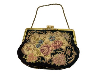 Antique Tapestry Needlepoint Purse Gold Tone Ornate Frame Floral Roses Design