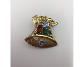 Vintage Christmas Bell Brooch Gold Tone with Rhinestone Colorful Holiday Jewelry