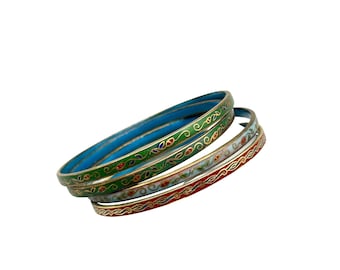 Set of 4 Chinese Cloisonne Bangles with Colorful Enamel Detailing & Gold Accents