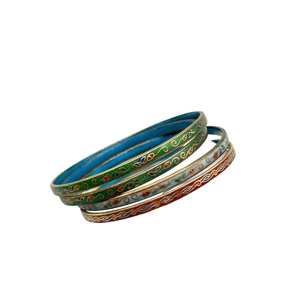 Set di 4 bracciali cinesi in cloisonné con dettagli in smalto colorato e accenti dorati