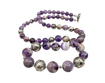 Signed MERAN Chunky Amethyst Necklace Sterling Silver 925 Beaded Long Graduated Necklace
