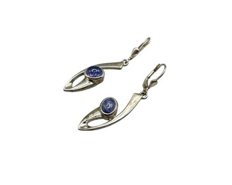 Vintage Amethyst Modernist Drop Earrings Sterling Silver Lever Back Hooks