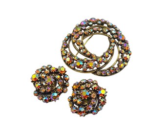 Vintage Signed Florenza Brooch And Clip On Earrings Set Dazzling AB Rhinestone Circle Swirl