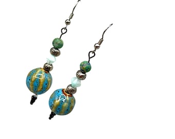Vintage Blue Ceramic Beaded Earrings Pierced Dangles Artistic Glaze Handcrafted Beads