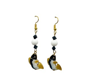 Enamel Fish Dangle Earrings Double Sided with Bead Accents Sea Life Inspired