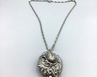 Repousse Necklace Silver Tone Victorian Revival Chain Pendant Statement Jewelry