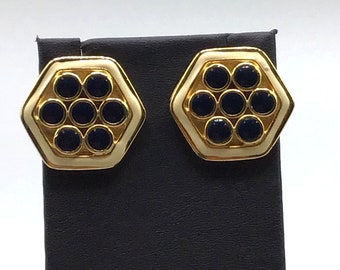 Vintage Honeycomb Hexagon Earrings Enamel Dots Pierced Studs Signed Made in USA