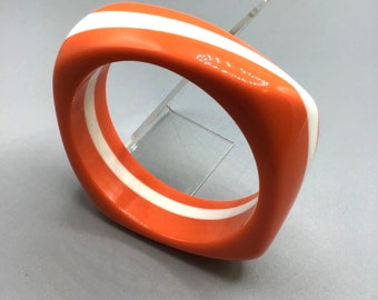 Orange White Bangle Bracelet Twisted Geometric Irregular Shaped White Striped