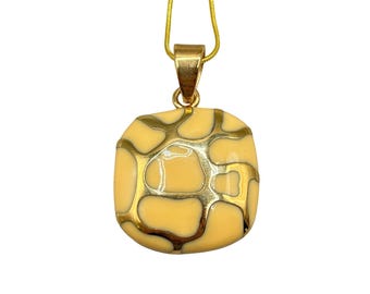 Square Pendant Necklace with Abstract Design Gold Tone Chain and Cream Color