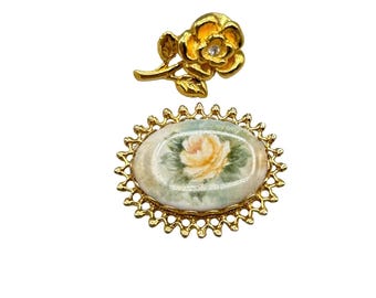 Vintage Gold Tone Rose Brooch & Floral Tack Pin and Cameo Style