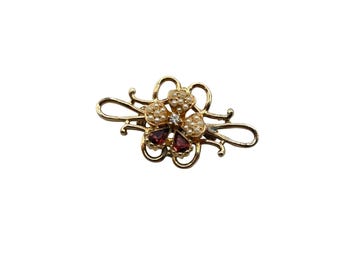 Vintage FORGET ME NOT Flower Pin Brooch Classic Rhinestones And Seed Pearls On Gold Tone