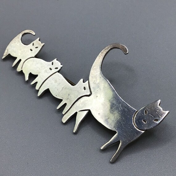 Taxco Mexico 925 Cat Brooch Sterling Silver Mama Cat & Kittens