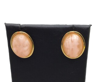 Vintage Pink Quartz Earrings Studs Oval Genuine Semi Precious Stones Jewelry