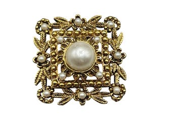 Classic Pearl Brooch Gold Tone And Simulated Pearls Square Ornate Pin Florenza Style