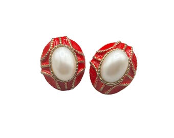 Vintage Red Enamel Clip On Earrings with Faux Pearl Center Oval Shaped