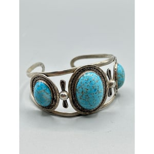Sterling Silver Hecho in Mexico Cuff Bracelet Blue Glass Cabochon Handcrafted
