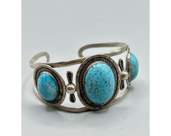 Sterling Silver Hecho in Mexico Cuff Bracelet Blue Glass Cabochon Handcrafted