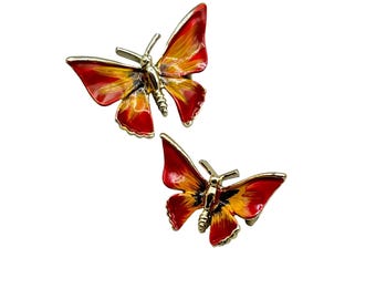 Vintage Butterfly Scatter Pins Set of 2 Orange Enamel Wings Insect Pins