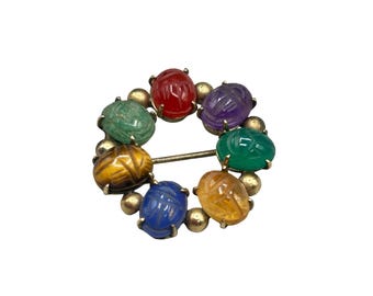 Vintage Scarab Pin Brooch Carved Gemstones Egyptian Revival Gold Filled Circle