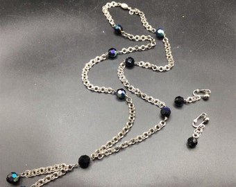Celebrity Signed Necklace & Dangle Earrings Set Silver Tone with Black AB Stones