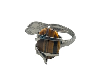 Flatware Jewelry Handcrafted Fork Bangle Bracelet Tiger Eye Stone Primitive