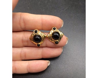Vintage Black Onyx Stone Earrings Semi Precious Gold Tone Studs Fashion Earrings
