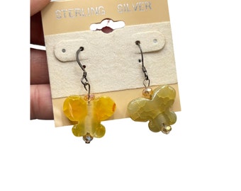 Vintage Handcrafted Butterfly Dangle Earrings Semi Precious Stone Quartz Jewelry