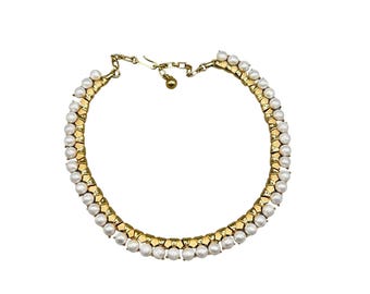 Vintage Trifari Gold Tone & Faux Pearl White Beaded Necklace Bridal Jewelry