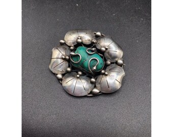 Mary Gage Brooch Sterling Silver Art & Crafts Turquoise Lily Pads Flower Shape