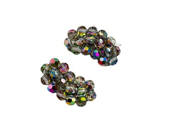 Vintage Aurora Borealis Beaded Clip On Earrings Smokey Topaz Watermelon Finish