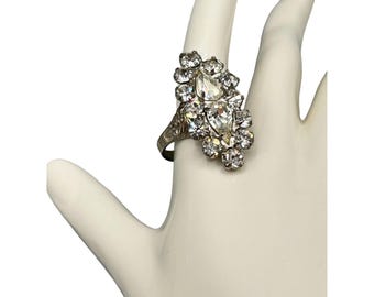 Vintage Adjustable Rhinestone Cocktail Ring Marquise Navette Shape