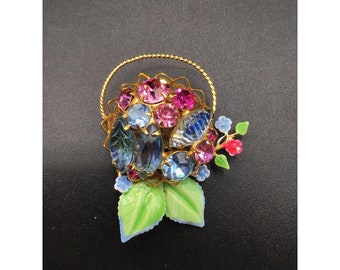 Vintage Rhinestones Brooch Basket of Flowers Filigree Style Back Colorful Brooch