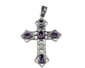 STERLING SILVER And Amethyst Cross Pendant Ornate Open Back Bezel Set Purple Gemstones
