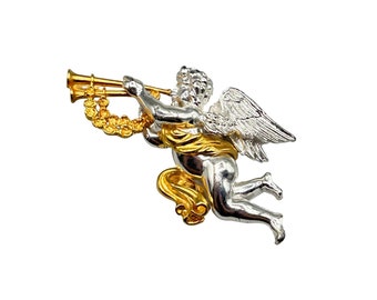 Vintage Signed SI Angel Trumpet Pin Brooch Silver & Gold Tone Smithsonian Museum