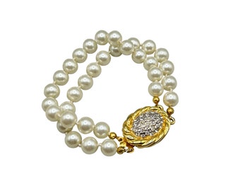 Vintage Faux Pearls Bracelet Fancy Clasp Double Strand Hand Knotted Glass Pearls