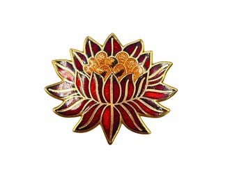 Vintage MMA 1985 Lotus Flower Pin Brooch And Pendant Red Enamel Over Gold Tone