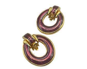 Vintage Clip On Earrings Burgundy Enamel & Gold Doorknocker 1.75"