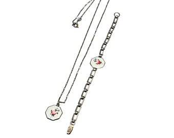Antique Art Deco Guilloche Enamel Floral Sterling Silver Necklace & Bracelet Set