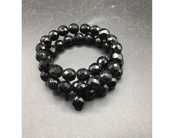 Black Glass Memory Wire Bracelet Faceted Beads One Size Vintage Costume Bracelet