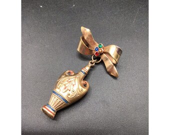 Vintage Bow Pin with Dangle Bottle Urn Painted Gold Tone & Rhinestones Brooch