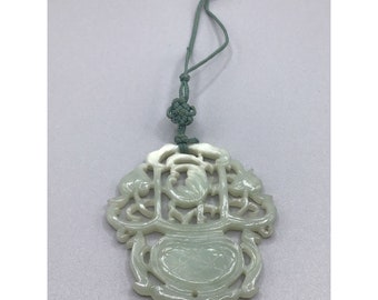 Antique Carved Jade Pendant Large Basket with Fruit Green Stone Oriental Jewelry