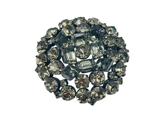 Vintage Brooch Round Smoky Rhinestone Layered Pin Silver Tone Domed Design