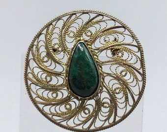 Eilat Filigree Brooch Gold Vermeil Over Sterling 925 Spun Silver Green Stone Pin