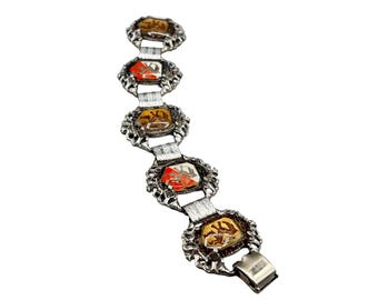 Vintage Heraldic Shields Bracelet Silver Tone Panel Links Souvenir Jewelry