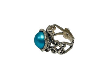 Dyed Blue Genuine Pearl Ring Size 5 Sterling Silver Israel 925 Ornate Wide Band