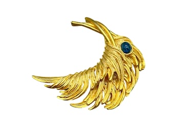 Vtg Feather Pin Brooch Gold Tone Blue "Flawed" Glass Cabochon Matte Gold Tone