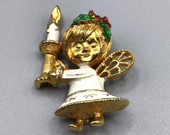 Vintage Signed COREL Brooch Christmas Angel with Candle Rhinestone Figural Pin