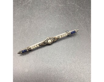 Art Deco Bar Pin Sterling Silver with Clear Paste Stones & Blue Rhinestones Pin