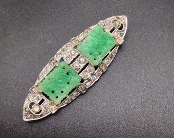 Art Deco Peking Glass Brooch Rhinestones Pin Rhodium Plated Bar Pin Green Glass