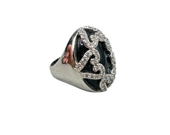 Elegant Black & Silver Tone Ring Rhinestones Accents Domed Cocktail Ring Size 7